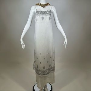 80’s Sue Wong Dress Maxi Spaghetti Strap Sleeveless Paisley Print White Medium